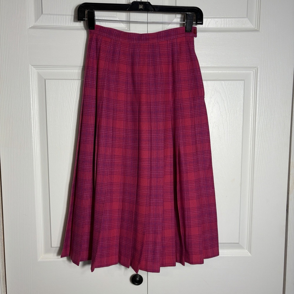 Vintage Pendleton 100% Virgin Wool Skirt Petite 6 Pink Purple Plaid Pleated 90s